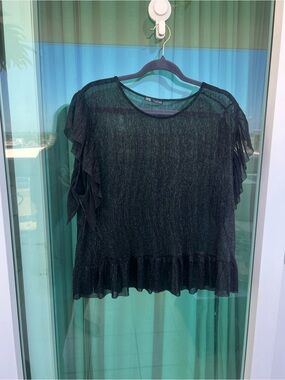 Zara Black Sheer Ruffle-Hem Blouse